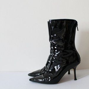 Jimmy Choo Patent Leather Front Strap Detail Ankle Boots Black Size 38.5